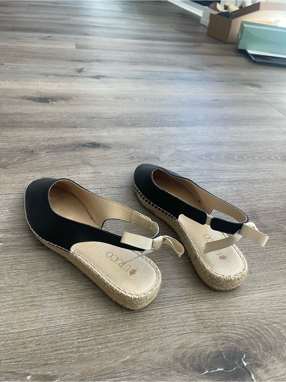 Urco Black Slingback Espadrille Wedges with Cream Bow